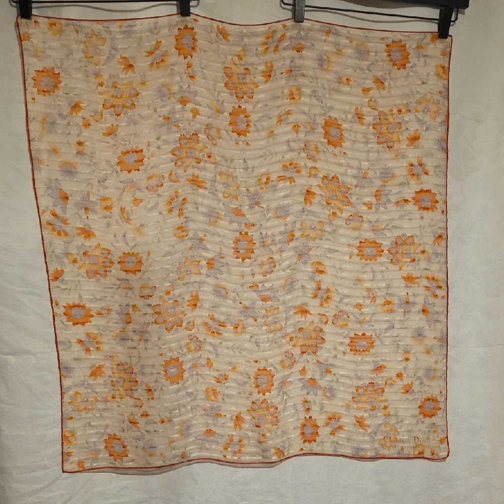 Dior Cream Scarf with Orange Floral Print and Pale Lilac Accents